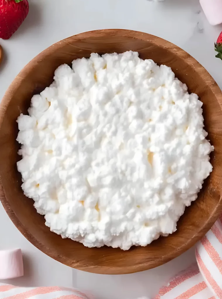 Cottage cheese in wooden bowl for strawberry fluff