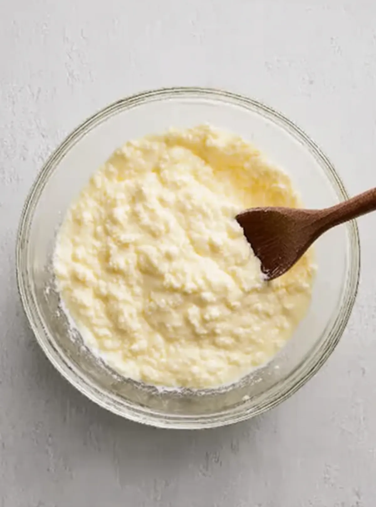 Cottage cheese mixture in glass bowl with wooden spoon