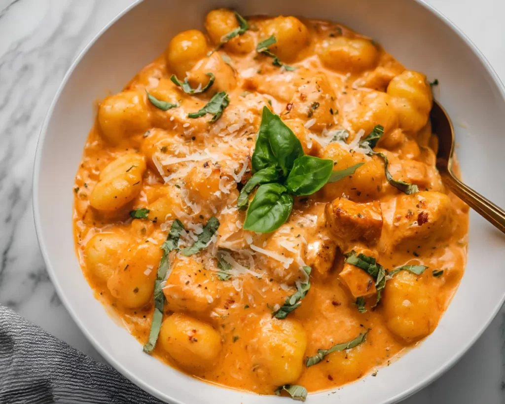 Creamy chicken gnocchi in white bowl with basil and parmesan