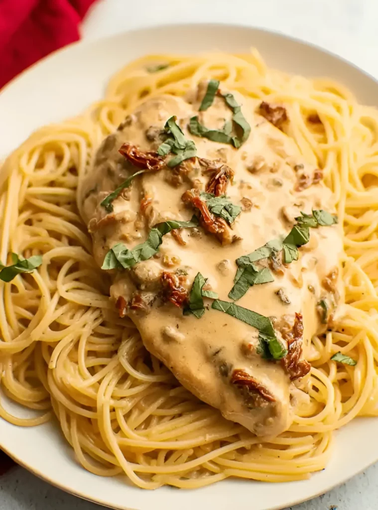 Creamy chicken served over pasta