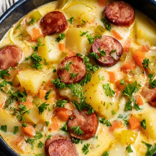 Creamy kielbasa potato soup in a dark bowl with chopped parsley