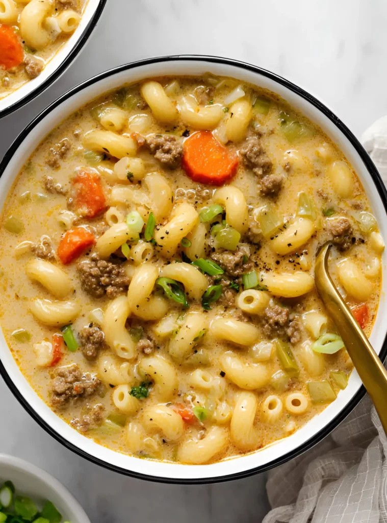 Creamy macaroni soup topped with green onions