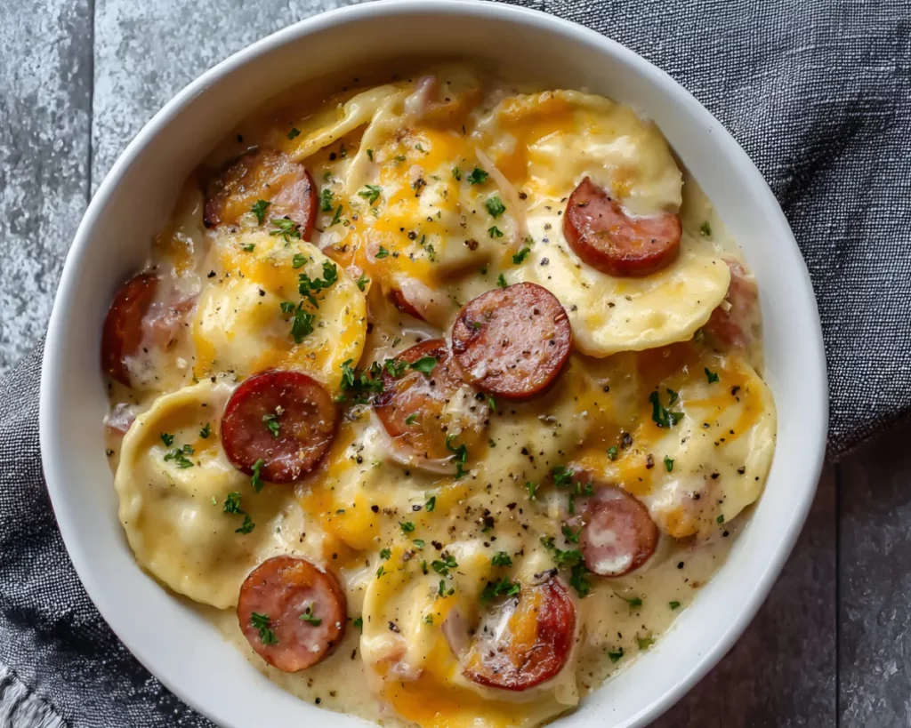 Creamy pierogi bake with sausage slices overhead