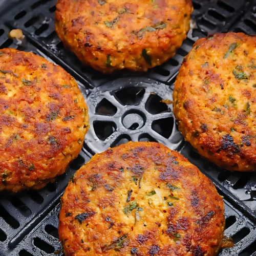 Crispy golden salmon patties finished cooking in air fryer