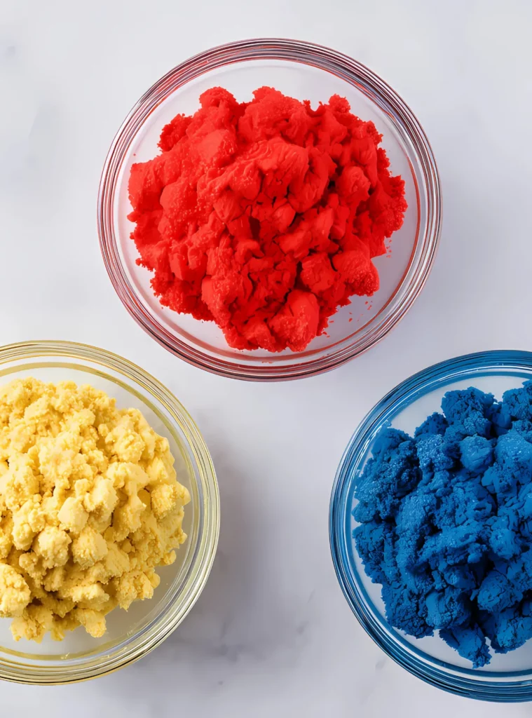 Crumbled red blue yellow cakes