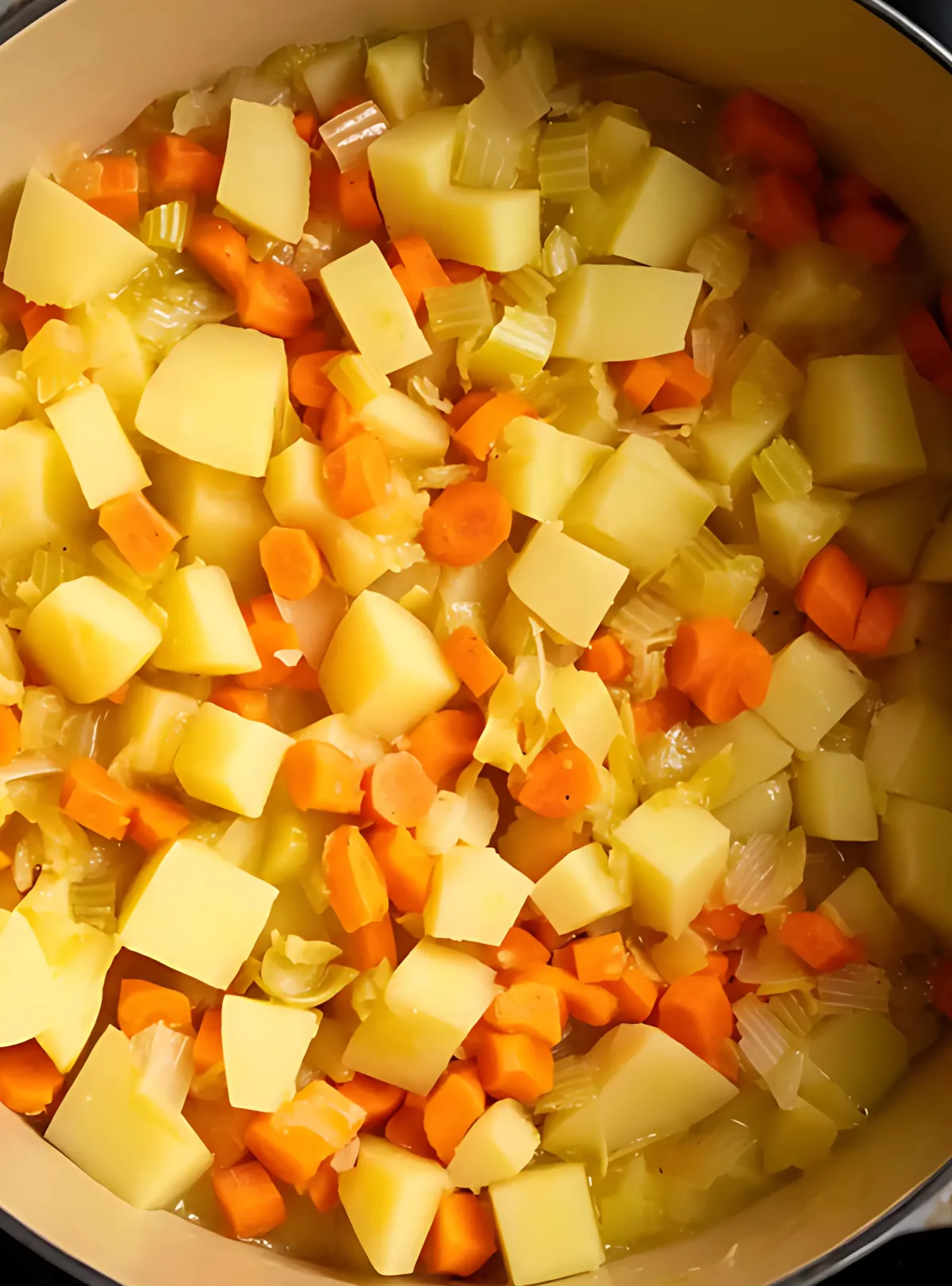 Cubed potatoes carrots and celery simmering in a pot