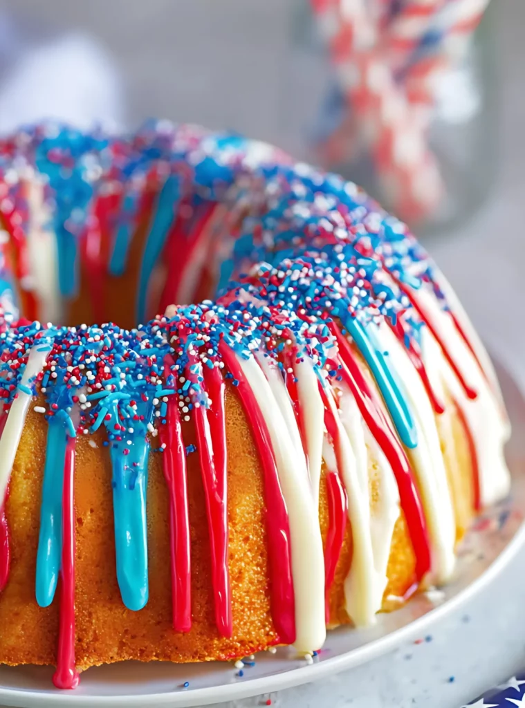 Drizzled bundt cake with red white and blue icing