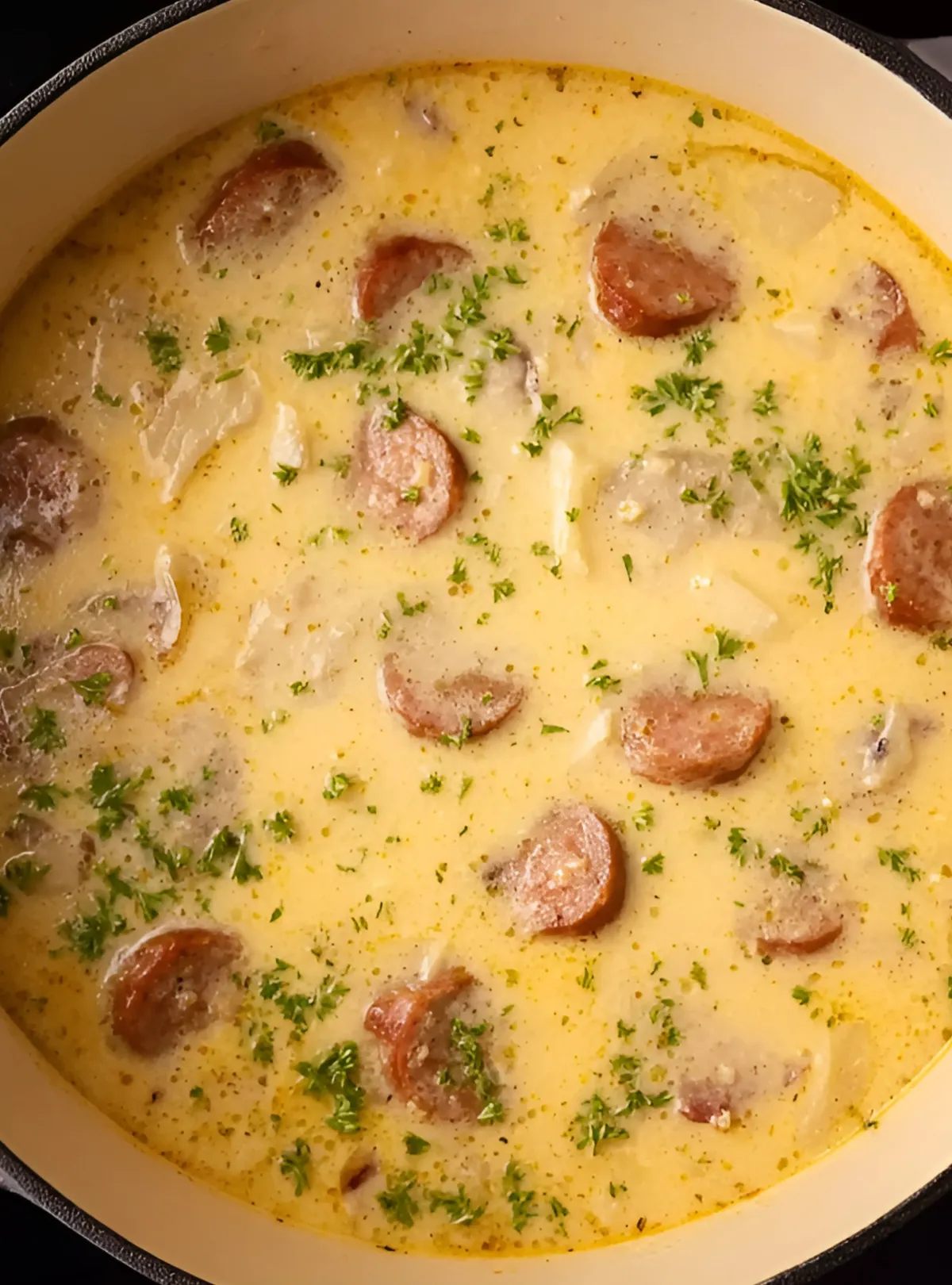 Finished kielbasa soup with parsley in a cream Dutch oven