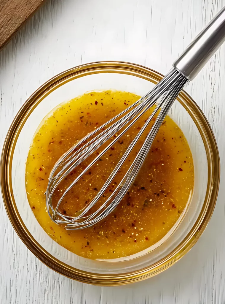 Glass bowl of Dijon dressing with whisk