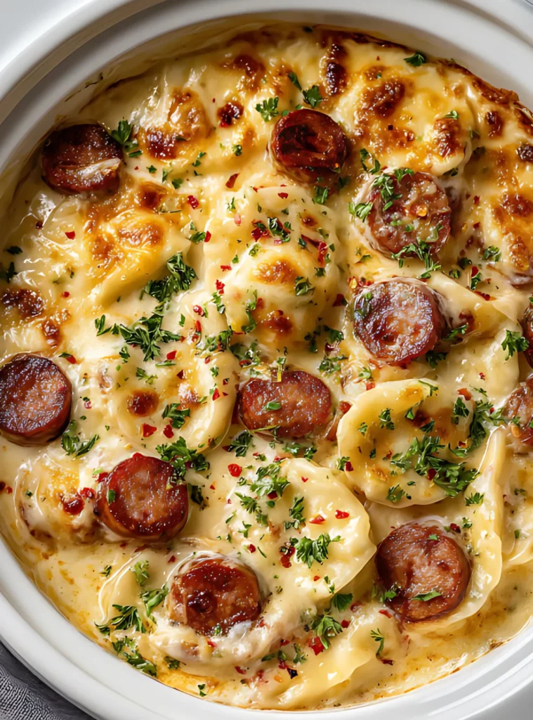 Golden-baked pierogi and sausage in white crockpot