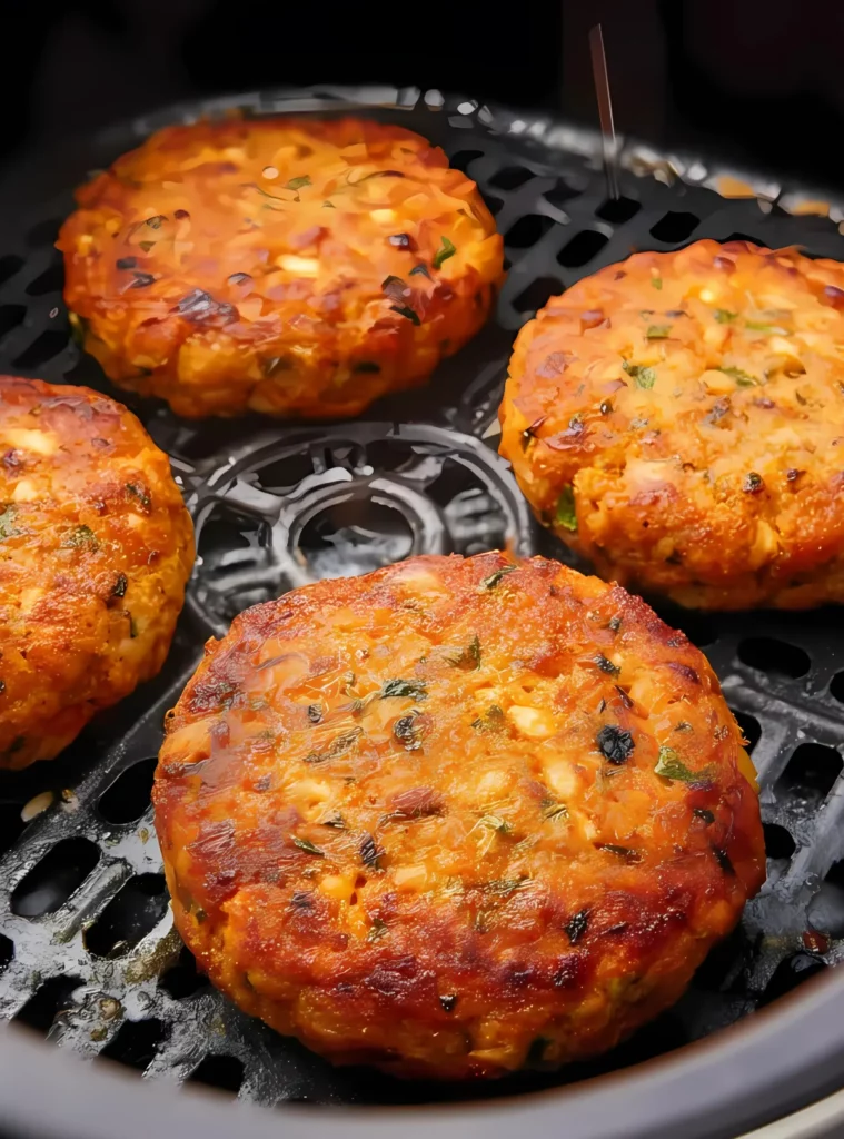 Golden brown cooked salmon patties in air fryer basket