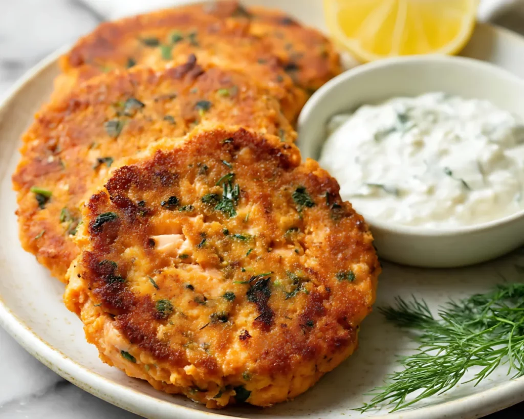 Golden salmon patties on cream plate with dill sauce and lemon wedge