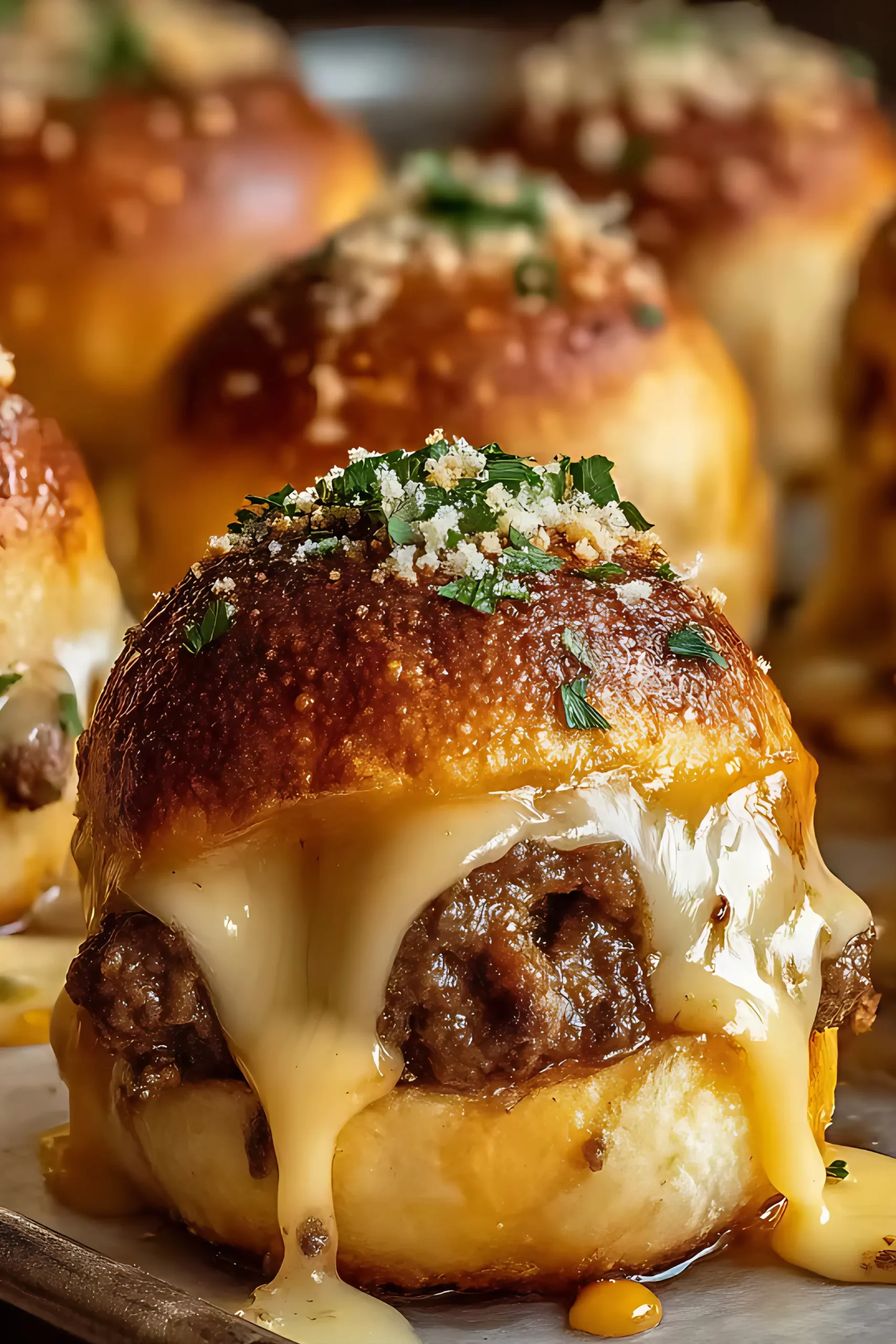 Gooey cheeseburger bomb on baking tray