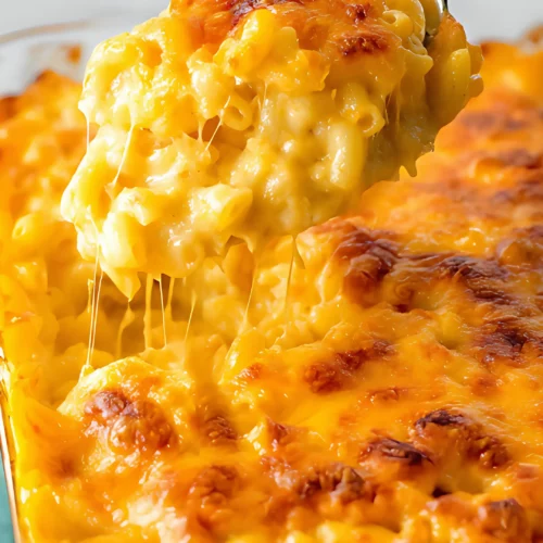 Gooey mac and cheese scoop with cheese pull