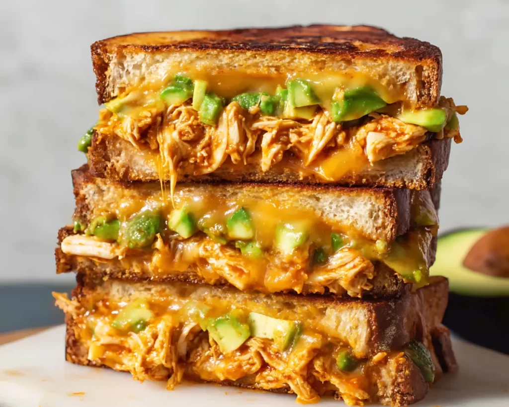 Grilled sandwich stack with avocado and melted cheese