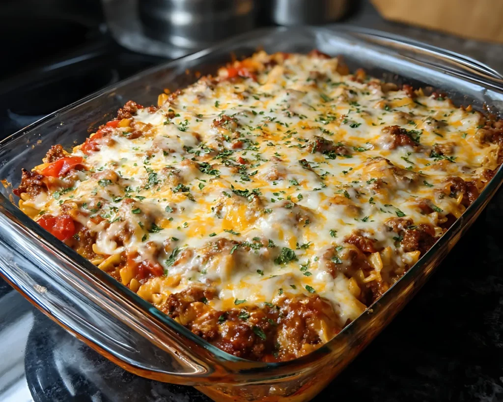Ground beef casserole with melted cheese and parsley