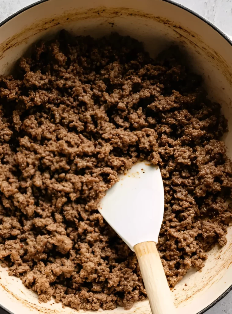 Ground beef cooked in Dutch oven
