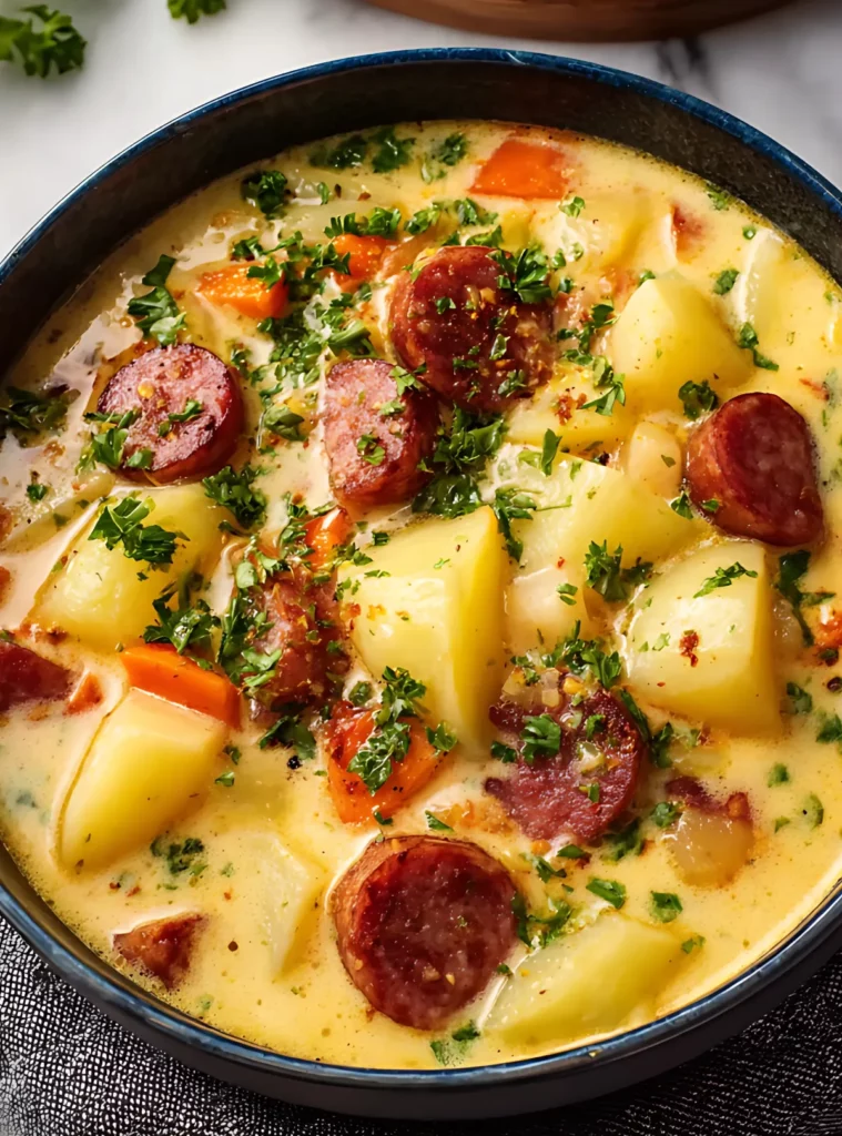 Hearty potato sausage soup garnished with parsley in a blue bowl