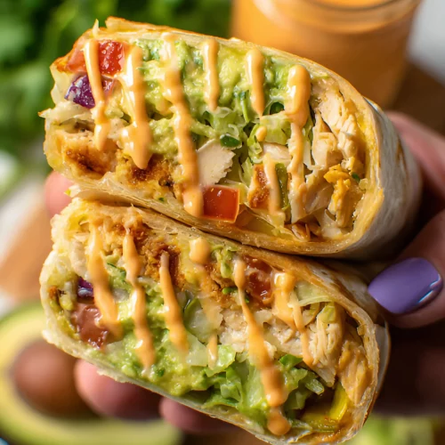 Homemade chicken burrito with chipotle drizzle in hand