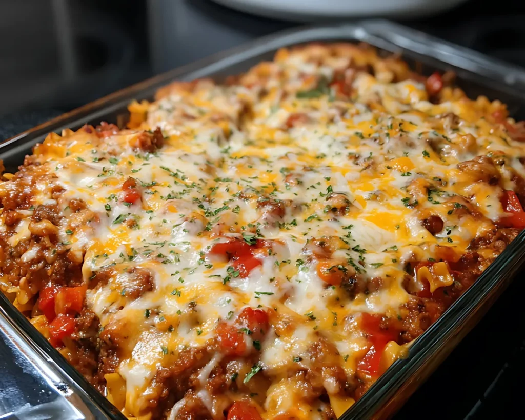 Hot casserole with bubbling cheese and herbs