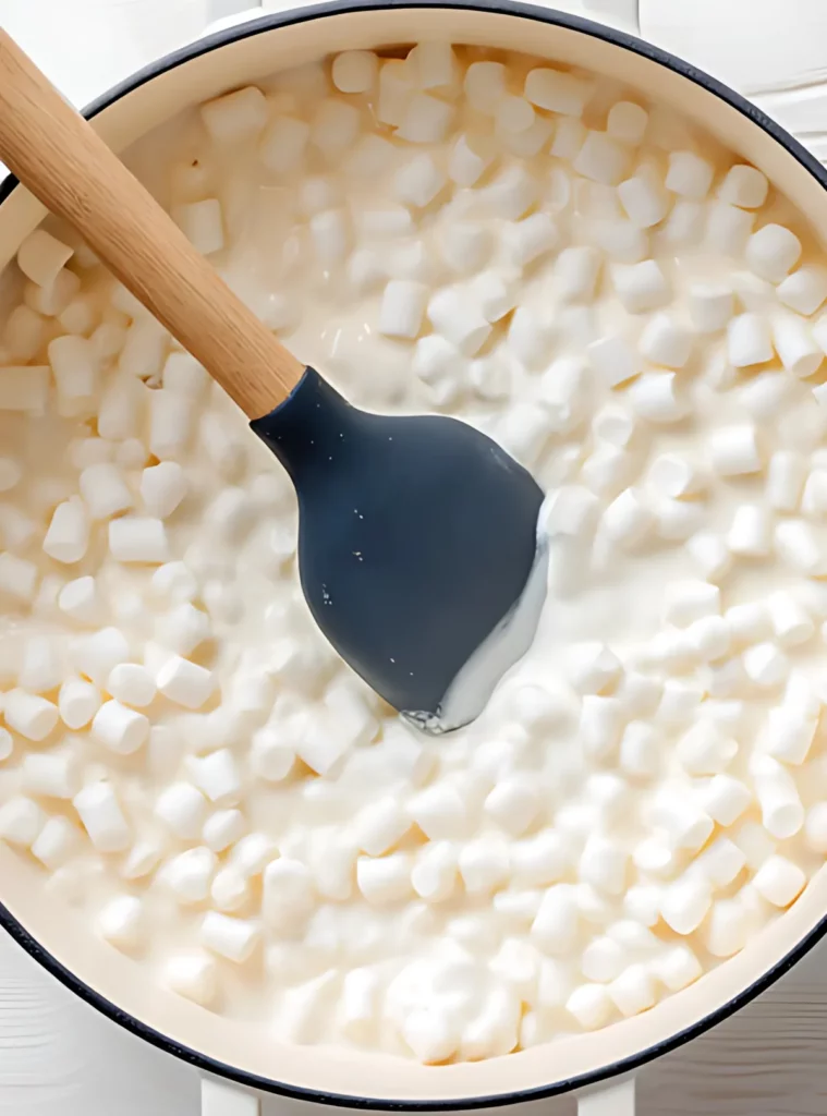 Marshmallows melting in a white pot with wooden spatula