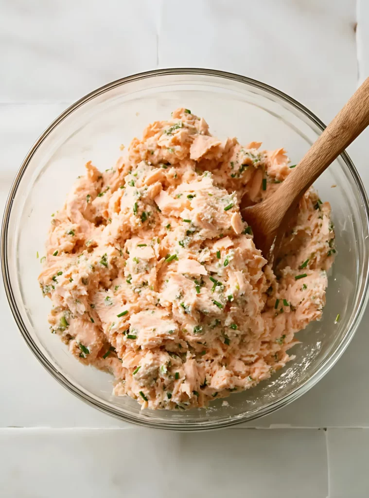 Mixed salmon patty ingredients in glass bowl with wooden spoon