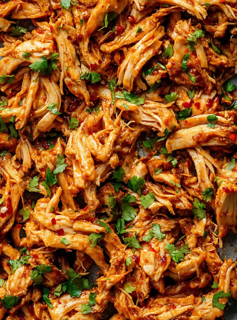 Overhead shot of seasoned shredded chicken