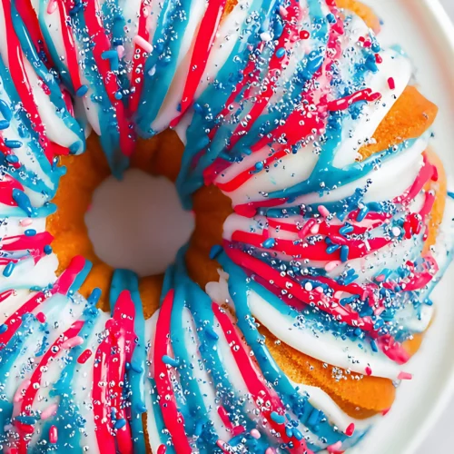 Overhead view of patriotic bundt cake with frosting