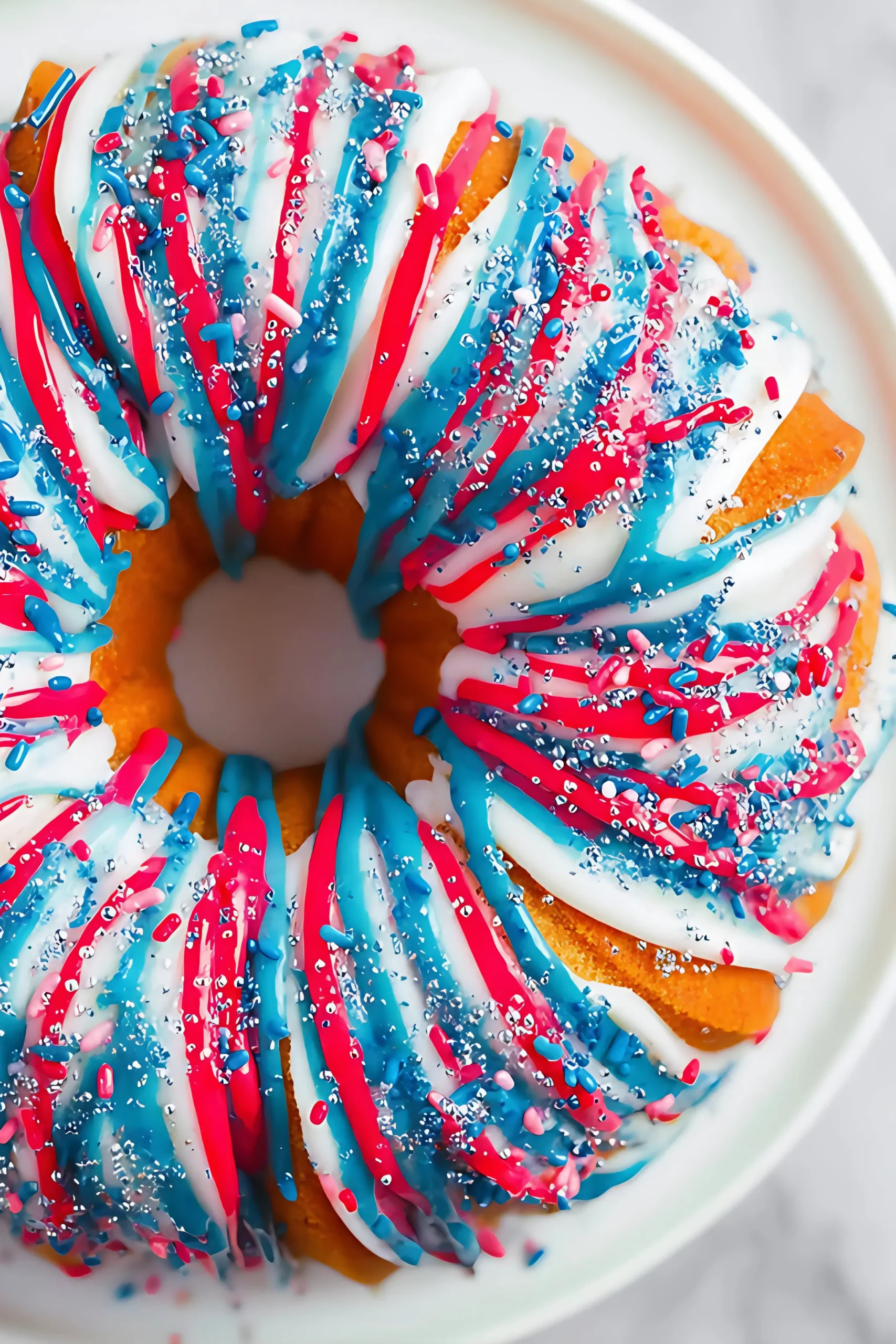 Overhead view of patriotic bundt cake with frosting