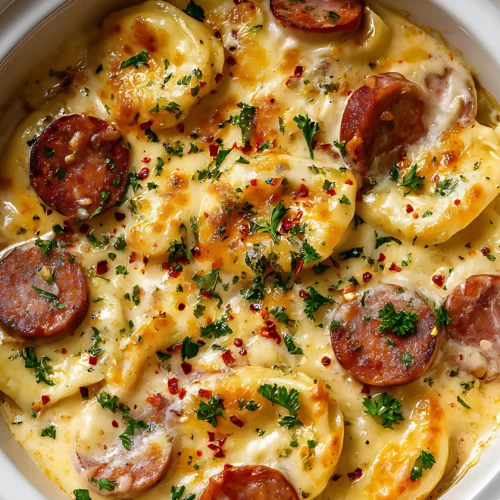Pierogi casserole in white crockpot with melted cheese