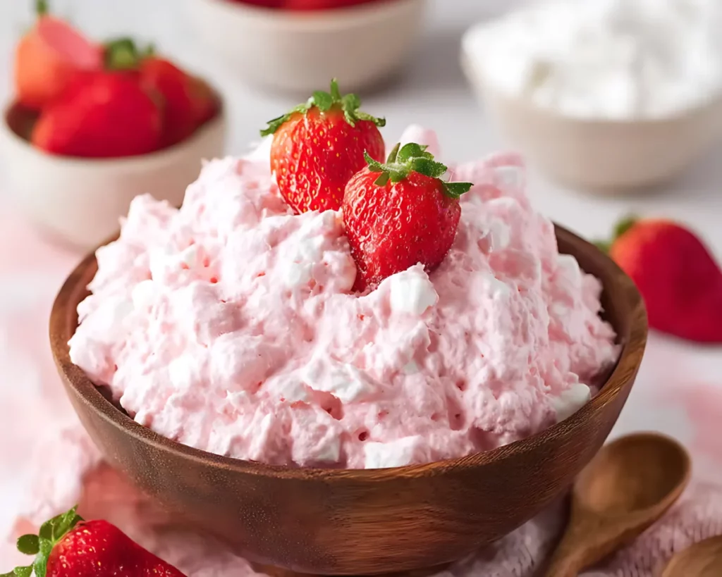 Pink strawberry fluff in wooden bowl with two strawberries on top