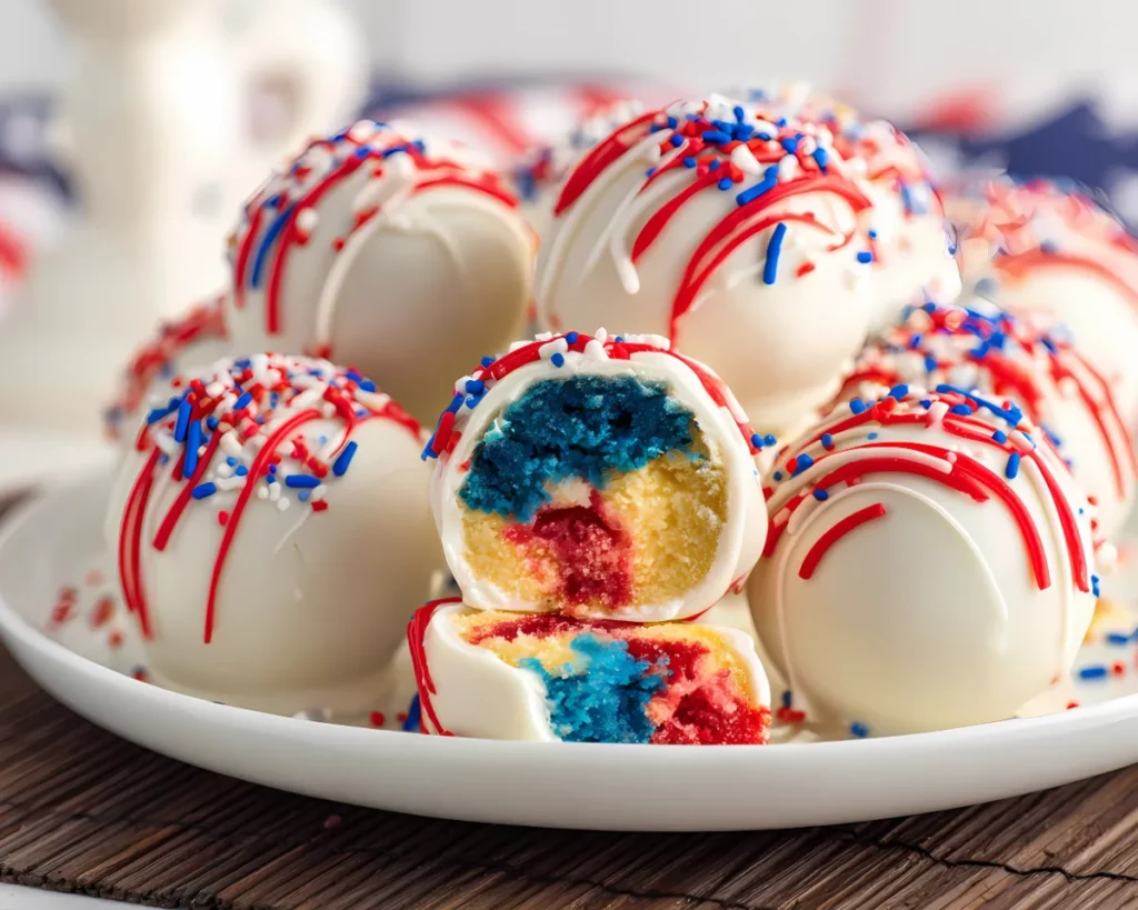Plate of cake balls with patriotic sprinkles