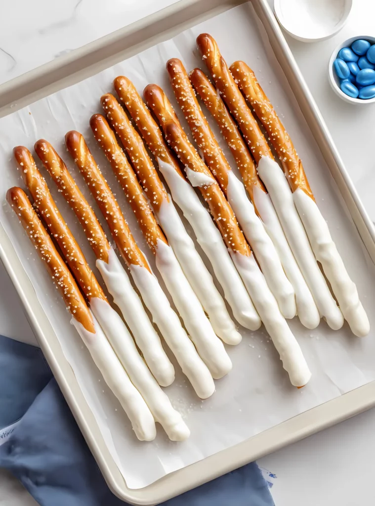 Pretzels dipped in white chocolate on tray