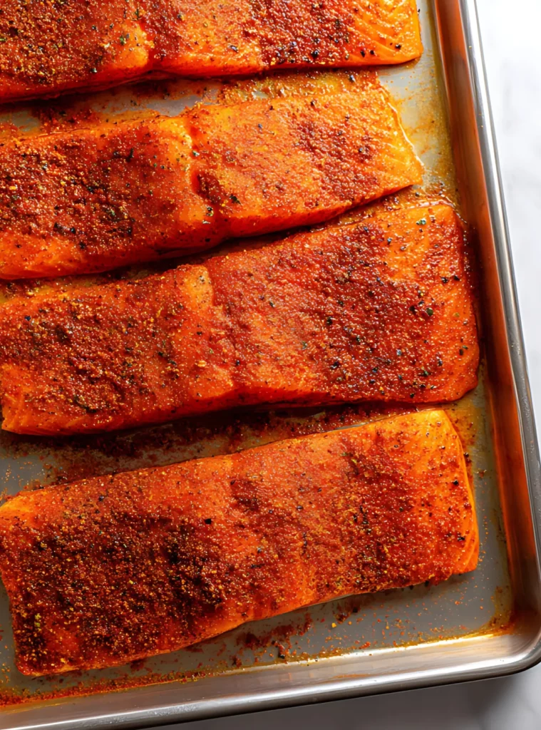 Raw salmon fillets on metal tray coated with blackening spices