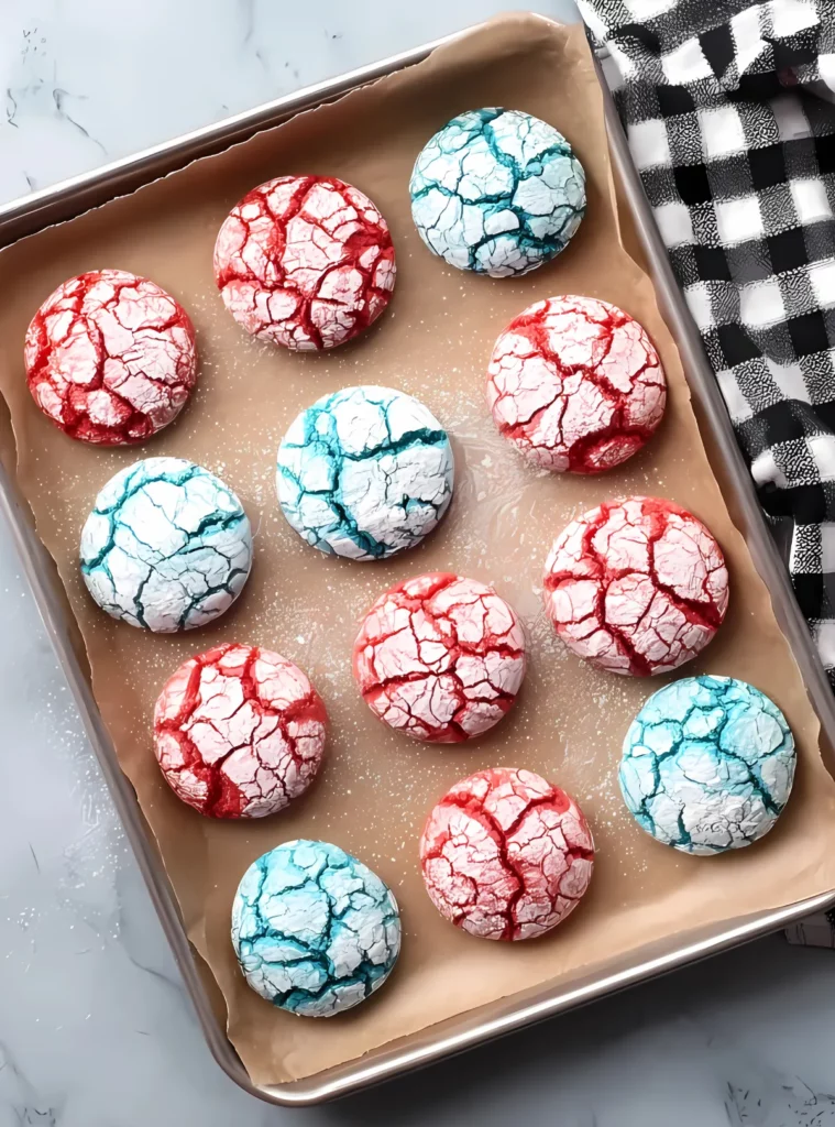 Red and blue cookies on baking tray