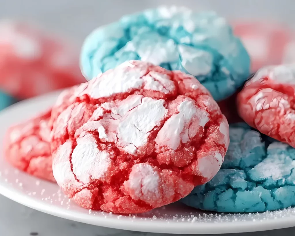 Red and blue cookies on white plate