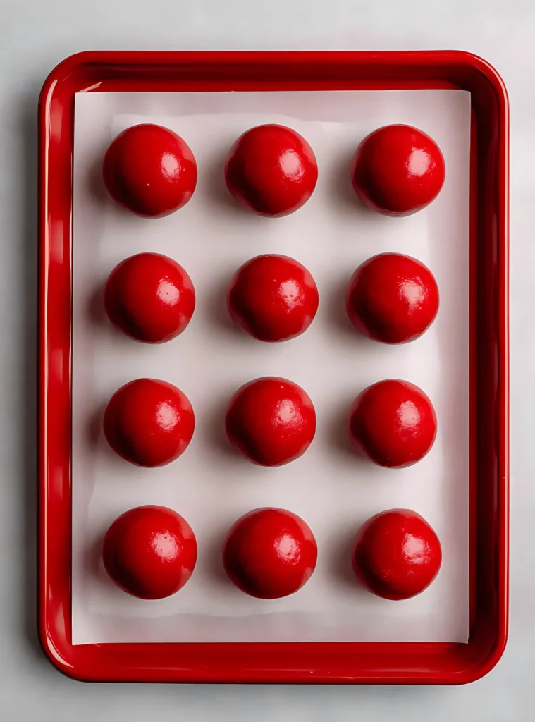 Red-coated Oreo balls on tray