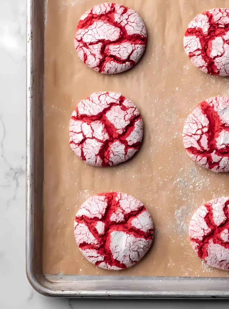Red cookies on parchment-lined tray