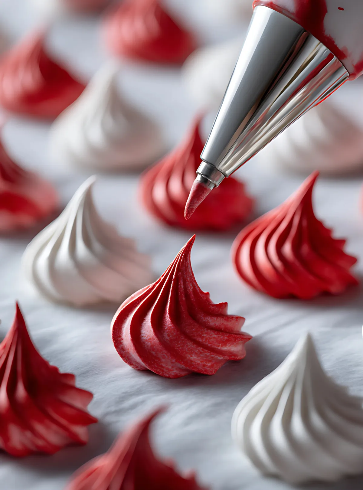 Red meringue piped among white ones