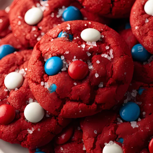 Red velvet cookies with colorful candy on a white plate
