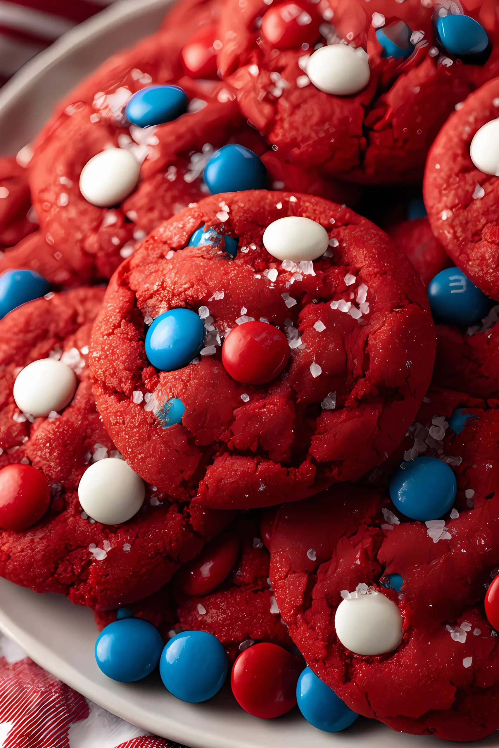 Red velvet cookies with colorful candy on a white plate
