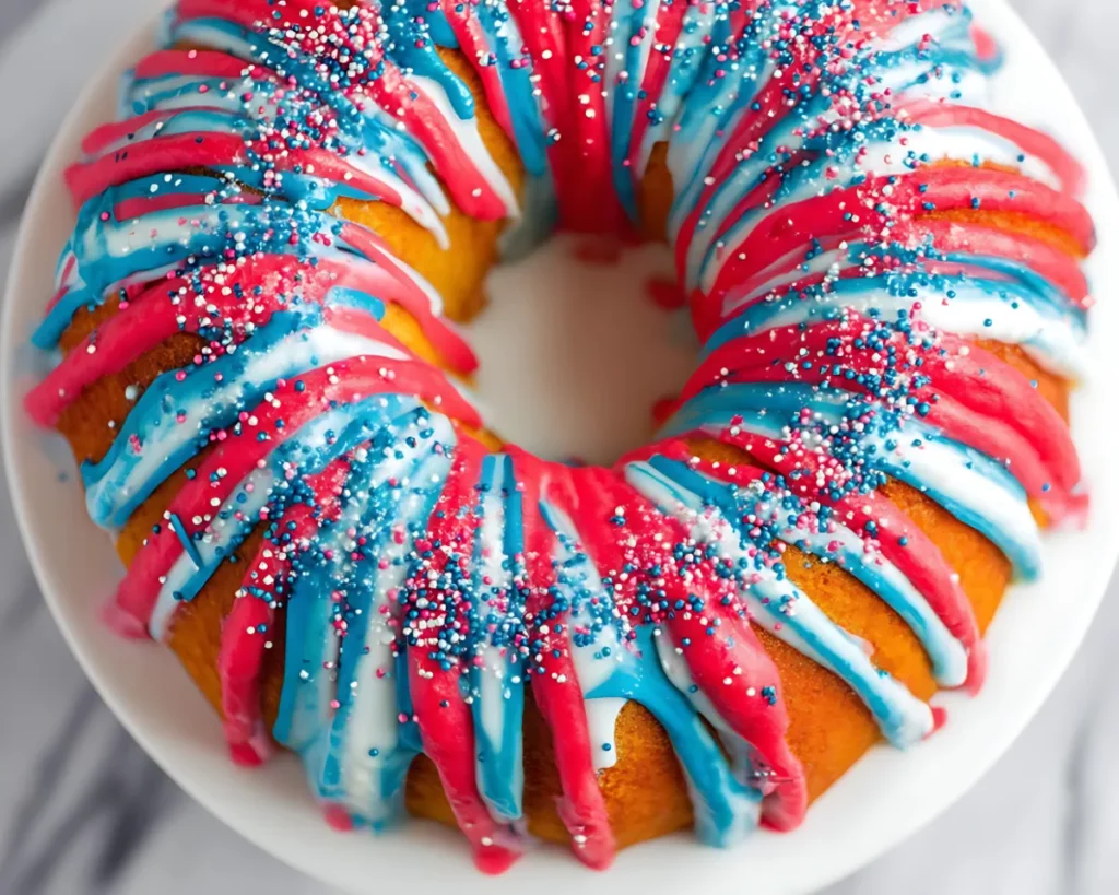 Red white and blue bundt cake with sprinkles