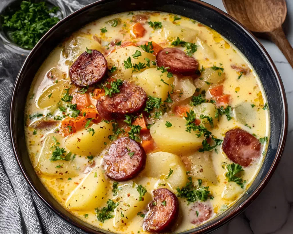 Rustic bowl of sausage potato soup with carrots and herbs