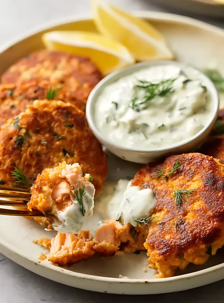 Salmon patty cut open showing flaky interior with fork and herb sauce
