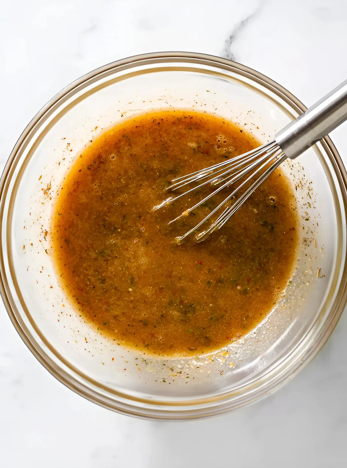 Sauce mixture in glass bowl with whisk