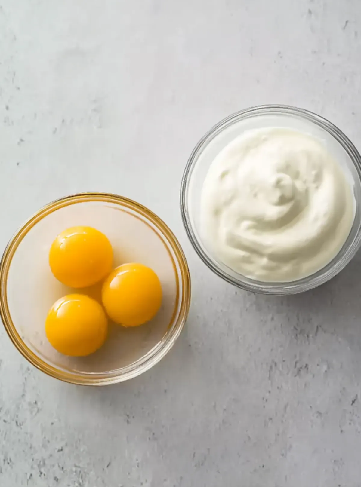 Separated egg yolks and whipped whites in glass bowls