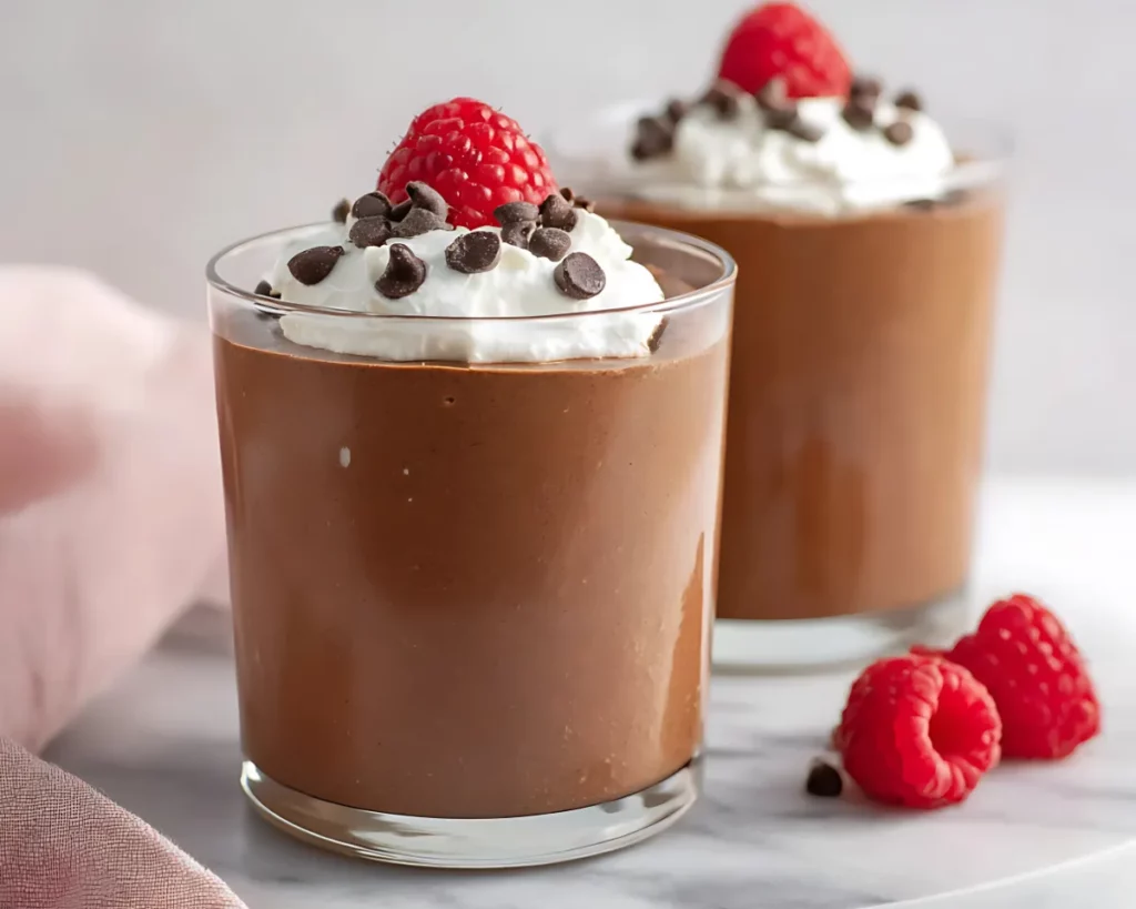 Side view of mousse in glasses with raspberries