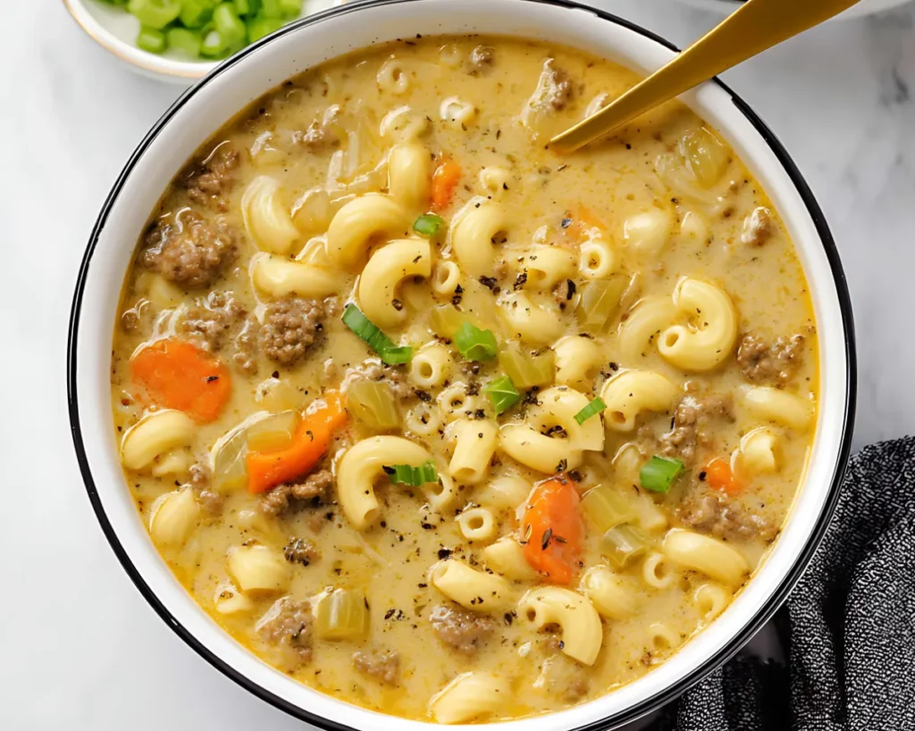 Soup bowl with beef pasta and cheddar