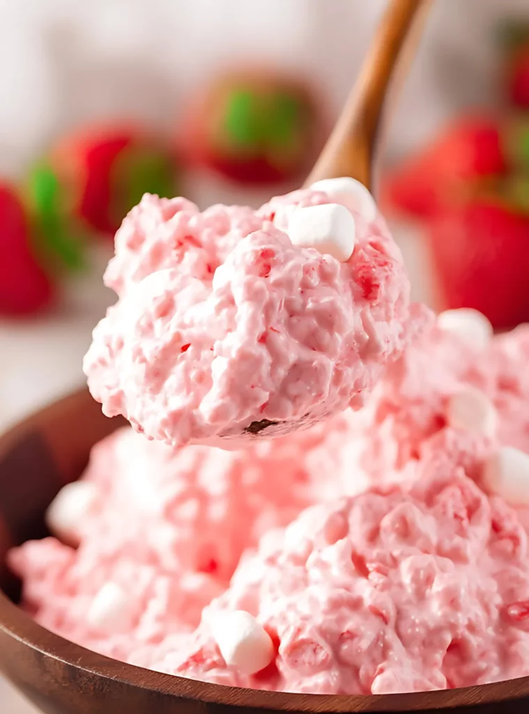 Spoonful of pink strawberry fluff above wooden bowl