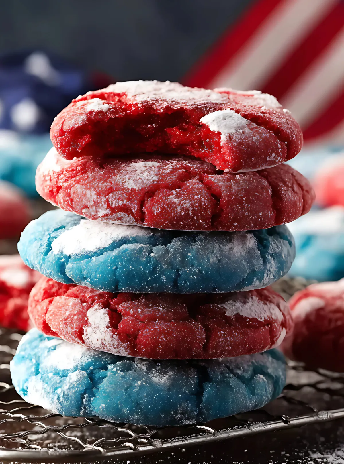 Stack of cookies with bite and flag background
